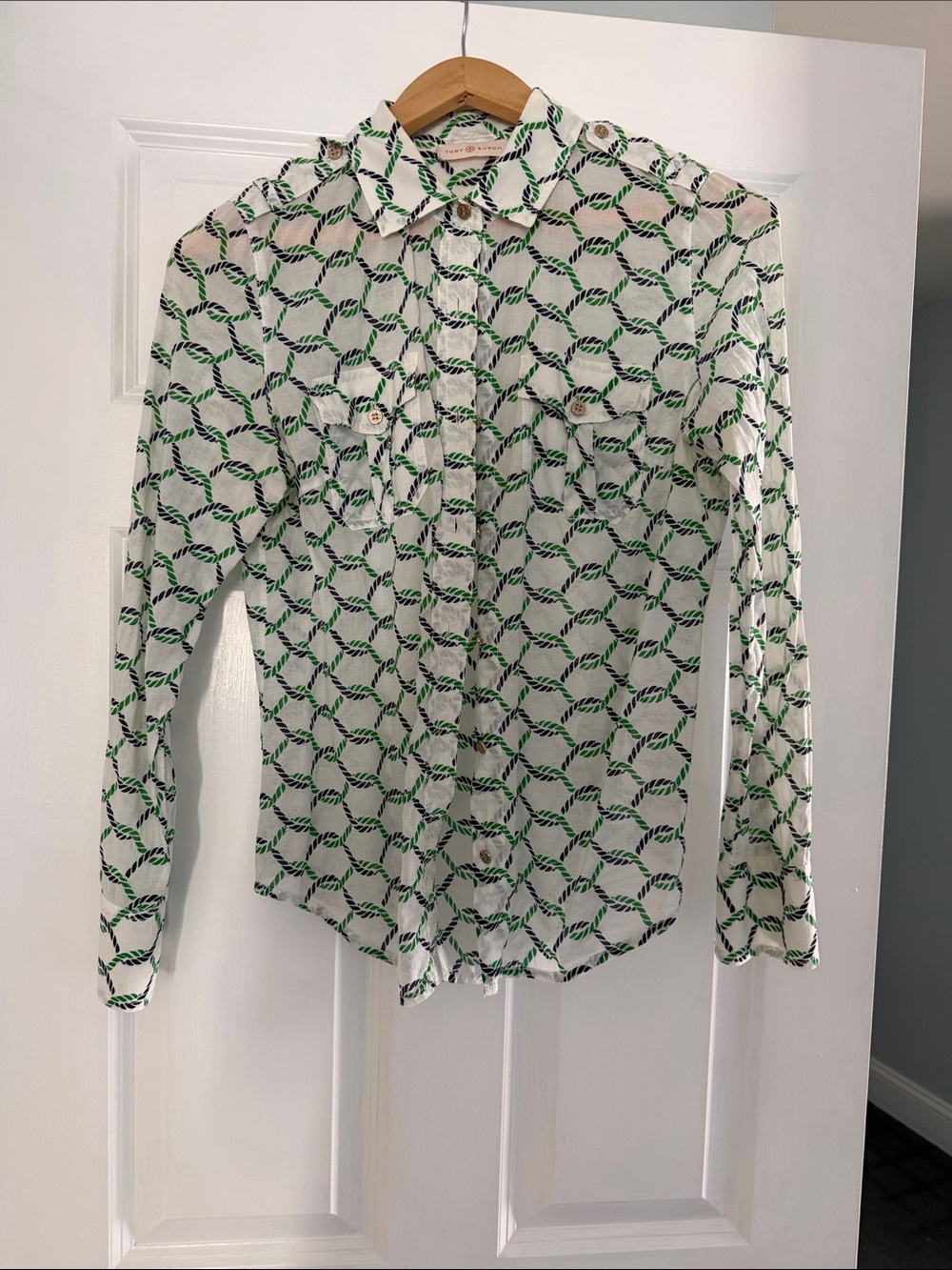 Tory Burch White Long-Sleeve Button-Up Rope Chain Print lightweight cotton linen